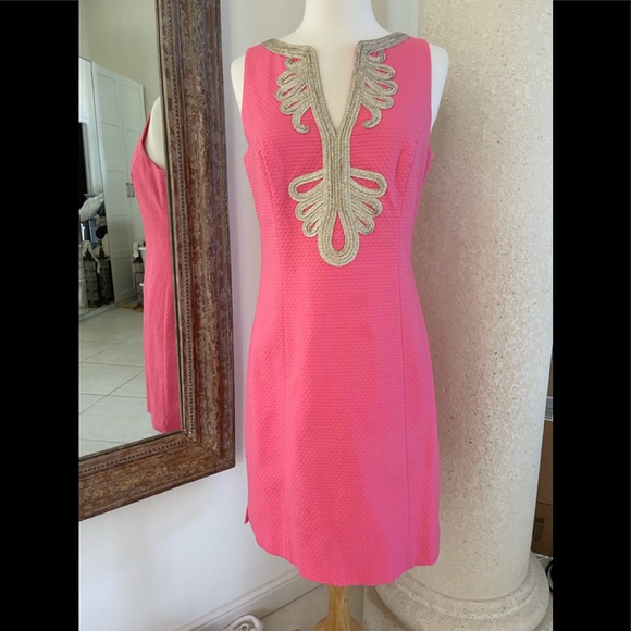 NWT Lilly Pulitzer Janice Shift Dress Hotty Pink Gold Embroidered Size 6 - Picture 2 of 8